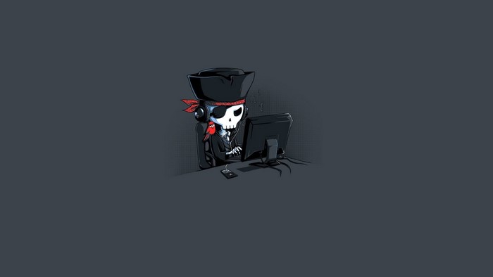 Skeleton pirate hacker at computer