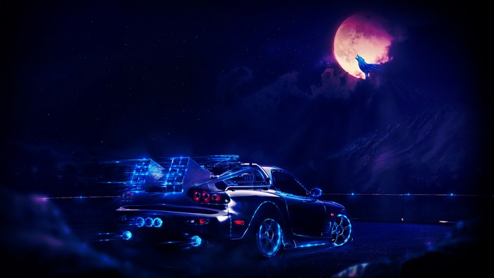 Neon Mazda RX-7 with a wolf howling at the moon
