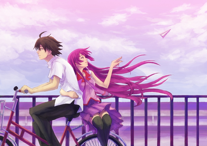 Anime boy and girl on a bicycle