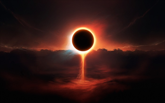 Digital artwork of a solar eclipse with fiery corona