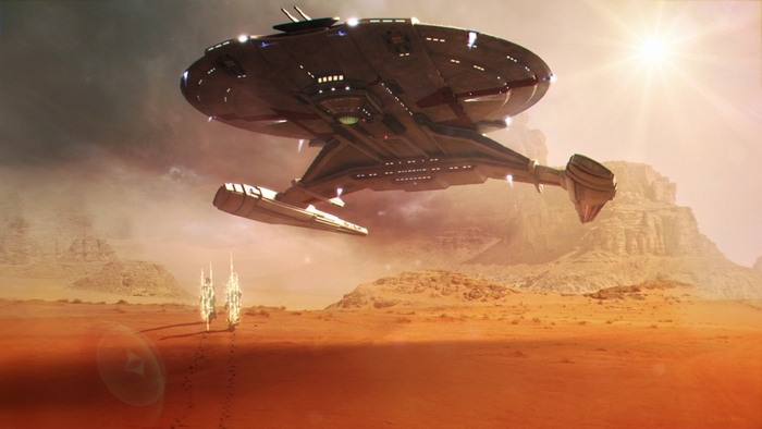 Star Trek Spaceship Flying Over Desert Landscape