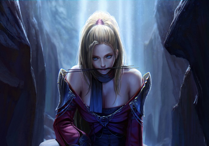 Fantasy girl with blonde ponytail holding chopsticks