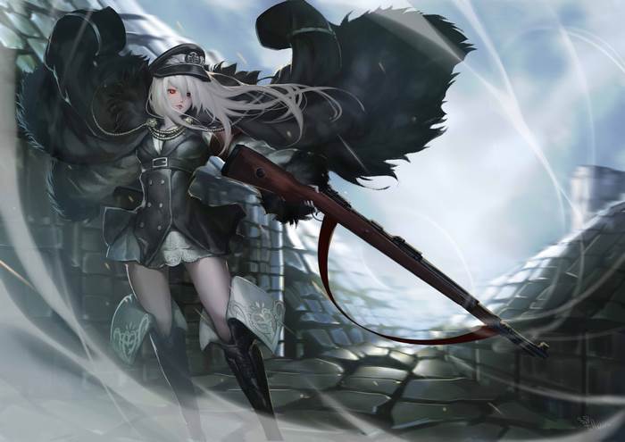 Anime girl with white hair and red eyes holding a rifle