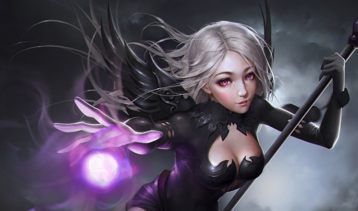 Anime girl with magic staff and dark wings