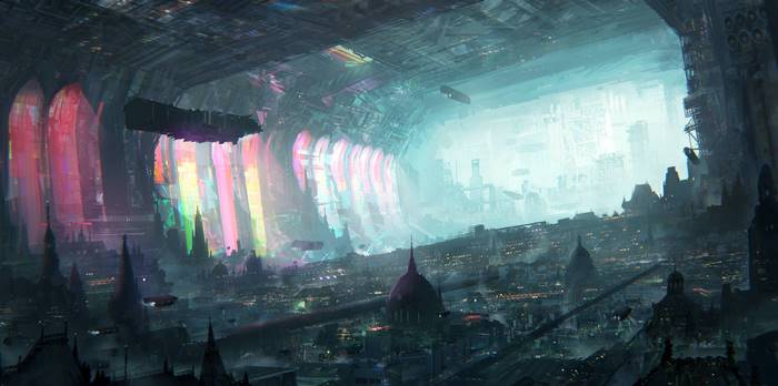 Futuristic Fantasy Cityscape with Glowing Light Panels