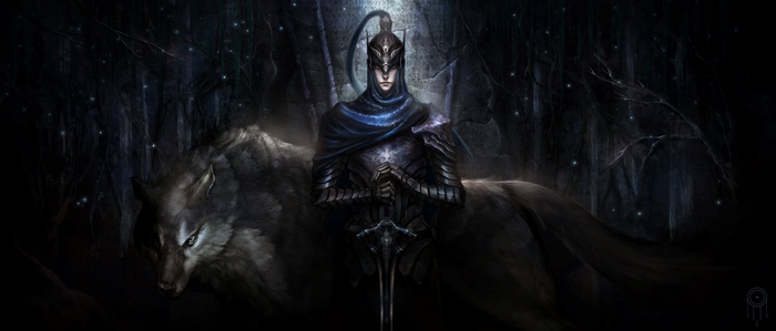 Knight and wolf in a dark forest