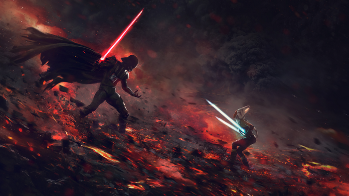Darth Vader and Obi-Wan Kenobi duel on a fiery planet