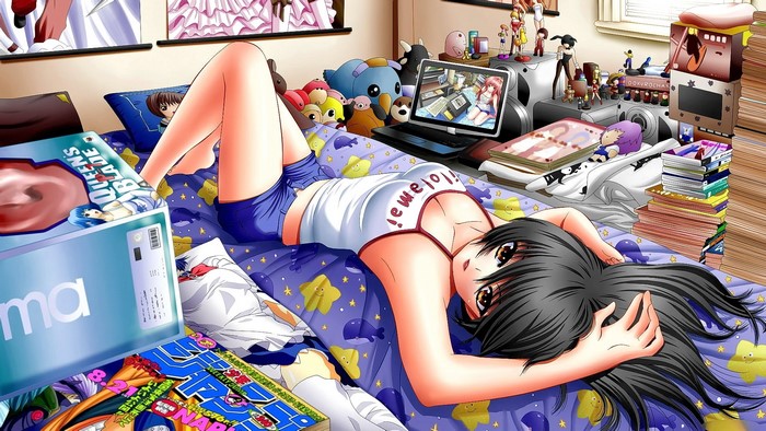 Anime girl lying on a bed with manga and toys