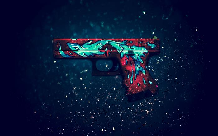 Digital art of a custom gun with a galaxy and water design