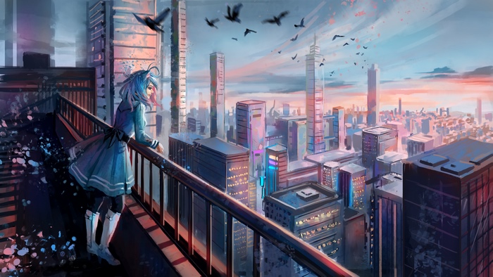 Anime girl overlooking a cityscape at sunset