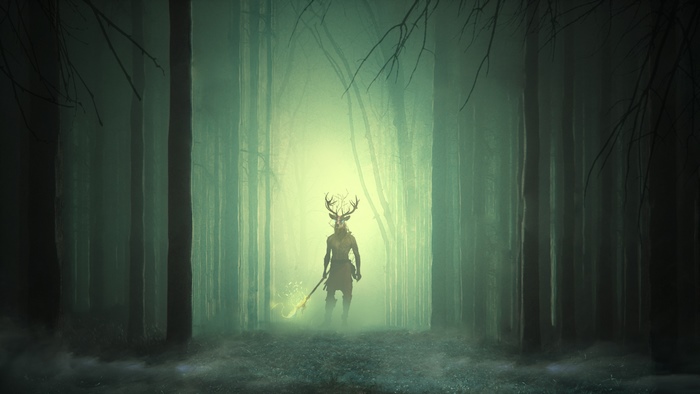 Digital art of a deer-headed figure in a misty forest