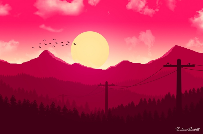 Minimalist landscape with mountains, sun, and birds