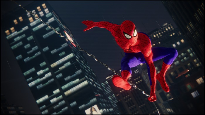 Spider-Man swinging through a city at night
