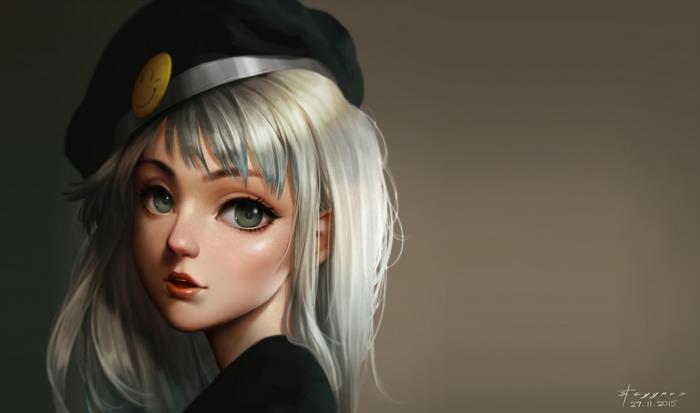 Anime girl with white hair wearing a beret