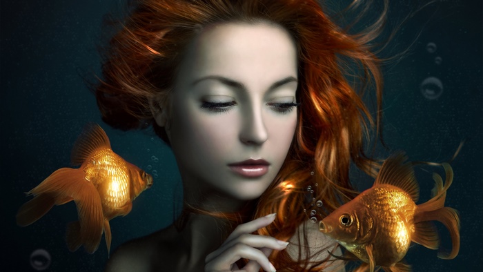 Fantasy Girl with Flowing Red Hair and Goldfish