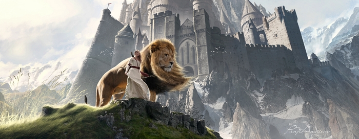 Lion and girl in front of a castle in mountains