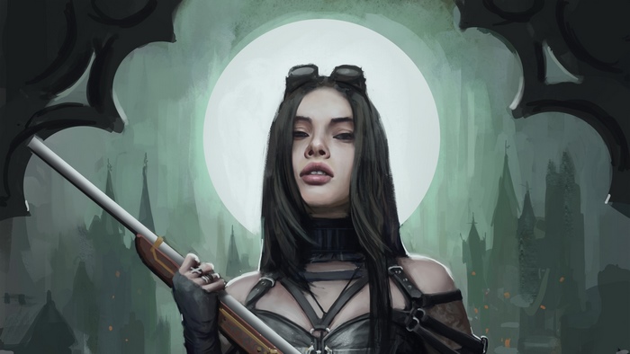 Steampunk girl with rifle in front of moonlit city