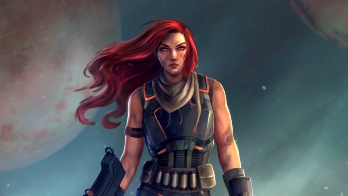 Warrior woman with red hair and gun