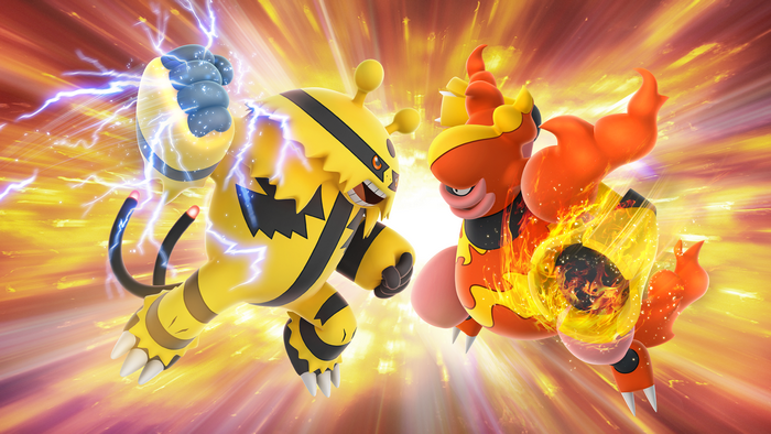 Electivire and Magmortar battling with elemental attacks