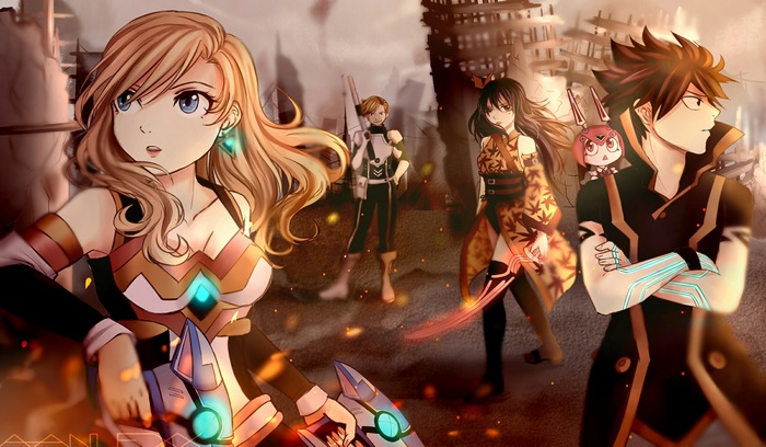 Four characters in a destroyed city