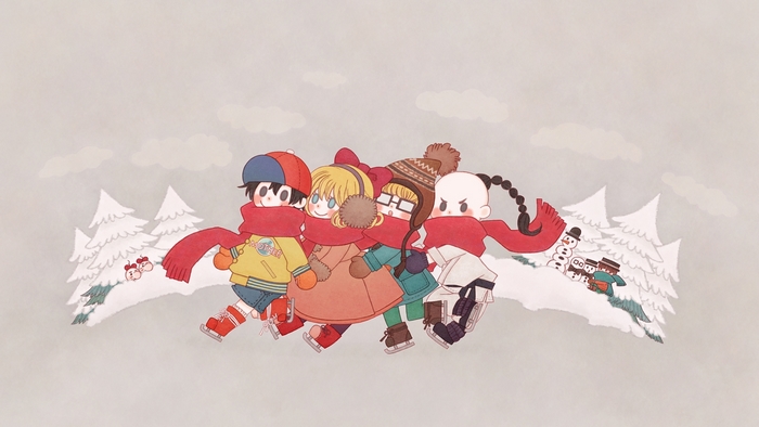 Four children from Earthbound ice skating in the snow