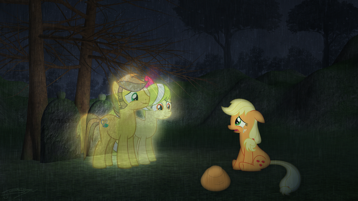 Applejack and ghosts of Apple Cider and Apple Blossom in a graveyard