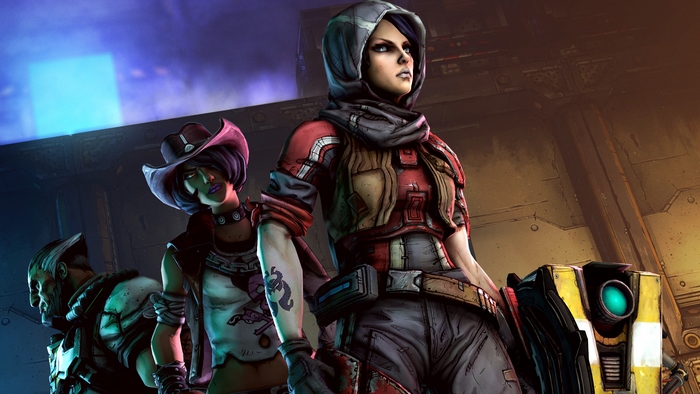 Athena, Claptrap, Wilhelm, and Nisha from Borderlands