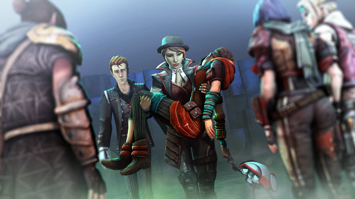 Athena carrying an injured person, with others around