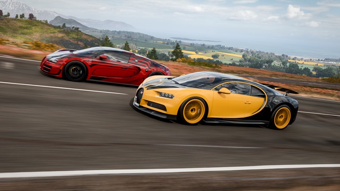 Bugatti Chiron cars racing in Forza Horizon 4