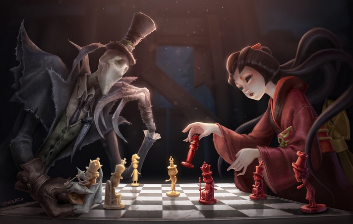 Creature and woman playing chess