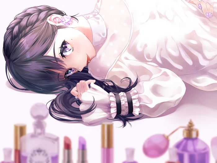 Anime girl with black hair and purple eyes lying down