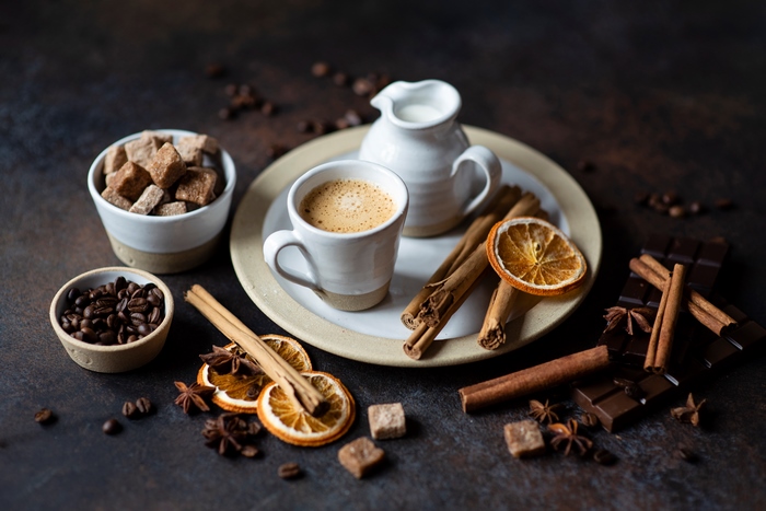 Coffee with cinnamon, sugar, and chocolate