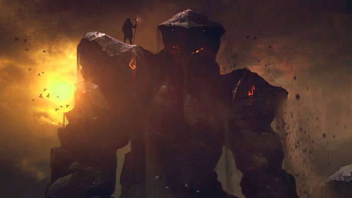 A lone figure stands atop a giant stone golem