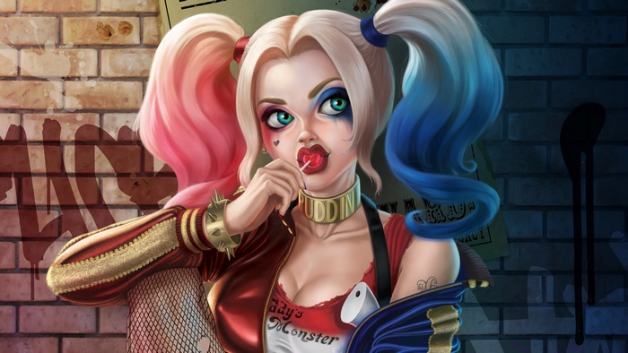 Harley Quinn from DC Comics with a lollipop