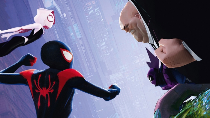 Spider-Gwen, Miles Morales, and Kingpin from Spider-Man: Into the Spider-Verse