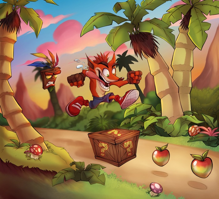 Crash Bandicoot and Aku Aku in a jungle setting