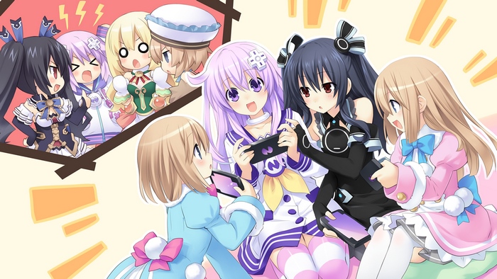 Characters from Hyperdimension Neptunia playing video games