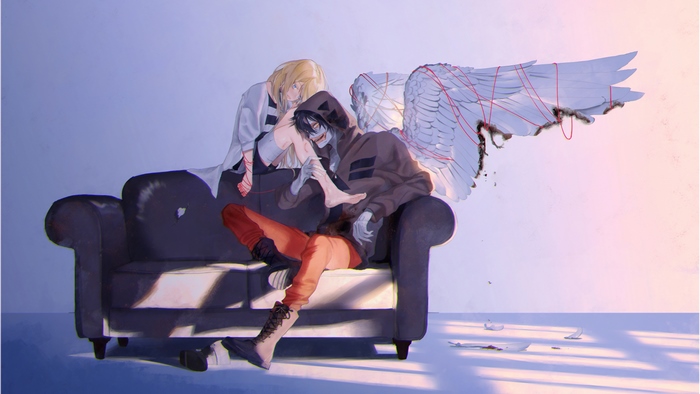 Zack and Rachel from Angels of Death on Sofa