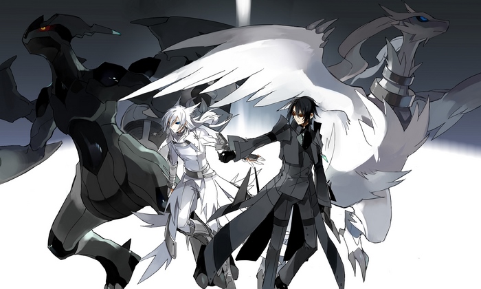Reshiram and Zekrom with human companions