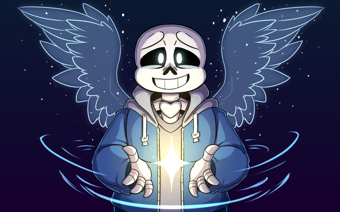 Sans from Undertale with wings and glowing star