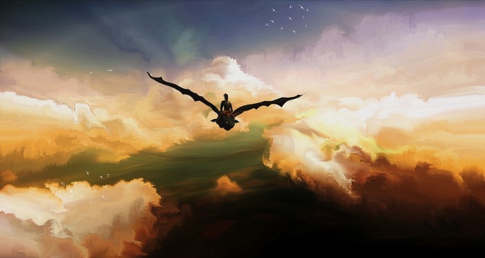 Toothless from How to Train Your Dragon flying through clouds