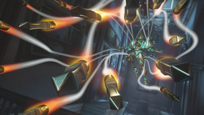 Pharah from Overwatch surrounded by projectiles