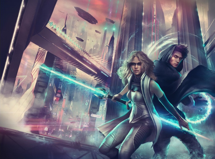 Futuristic warriors in a neon city with flying vehicles