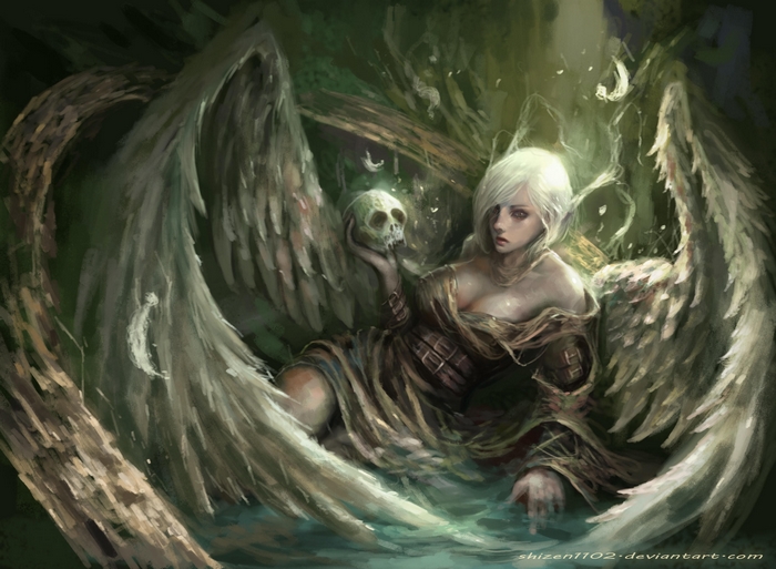 Angel holding a skull in a forest
