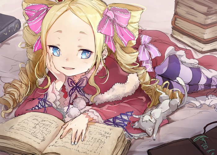 Beatrice from Re:ZERO reading a book with cats