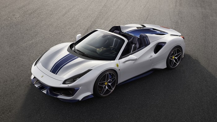 White Ferrari 488 Pista Spider with Blue Stripes