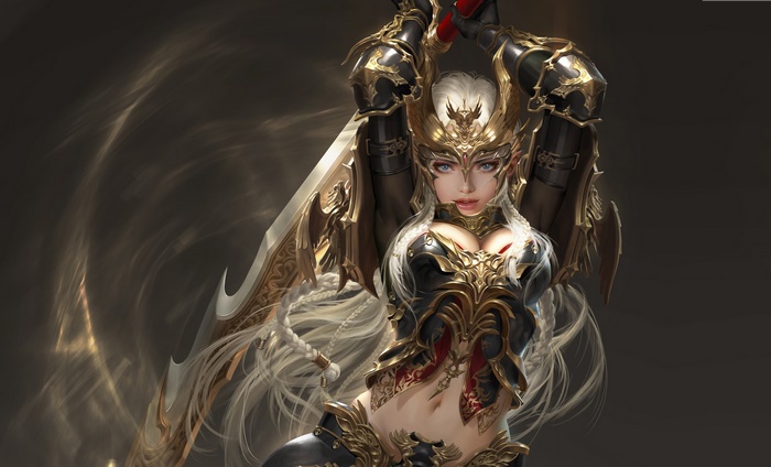 Woman Warrior with White Hair and Sword