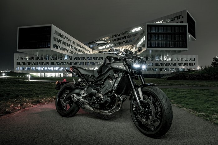 Yamaha MT-09 Motorcycle at Night in Front of Modern Building