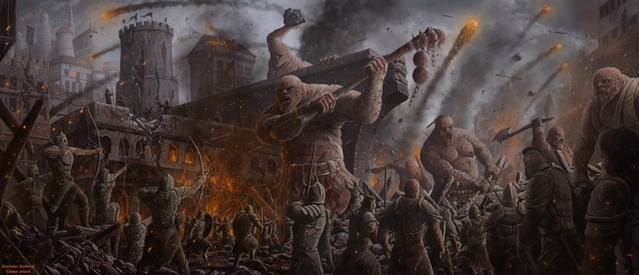 Giants attacking a city with archers defending