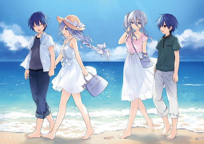 Shido Itsuka, Mio Takamiya, and Reine Murasame on a beach